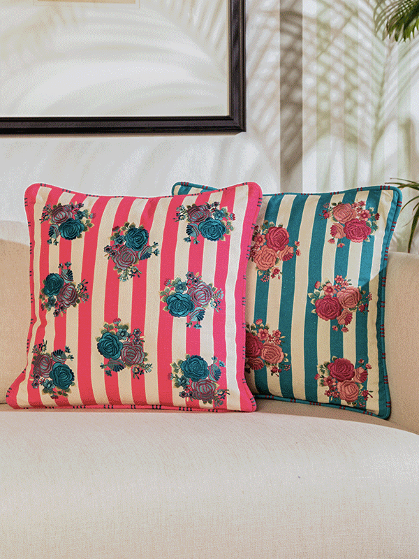 Striped Roses Cushion Cover (Magenta)